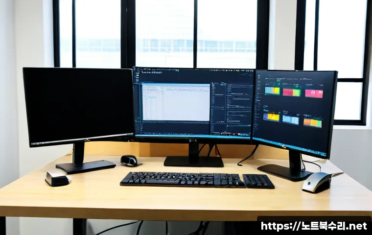 주암동 MEMORY_MANAGEMENT - Photorealistic software engineering workstation in a quiet Juam-dong industrial office, dual monitor...