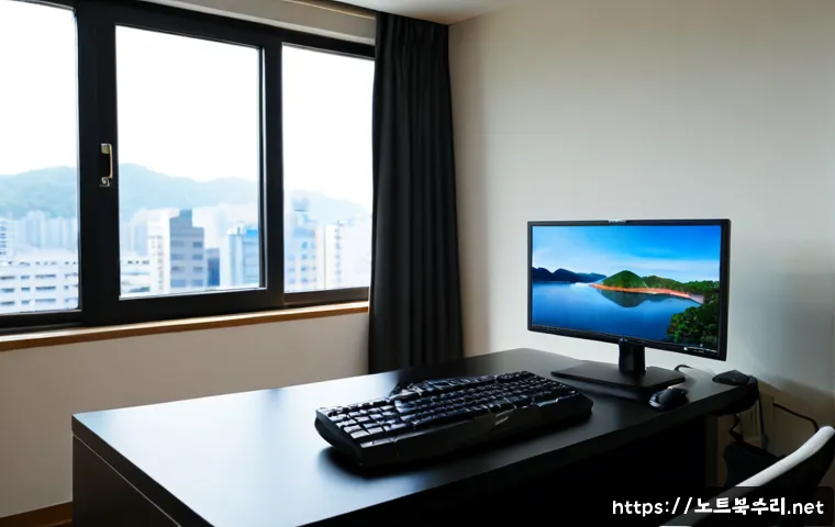 매교동 모니터화면 안나옴 - Photorealistic compact office workstation in Maegyo-dong, Suwon, a desktop monitor completely black ...