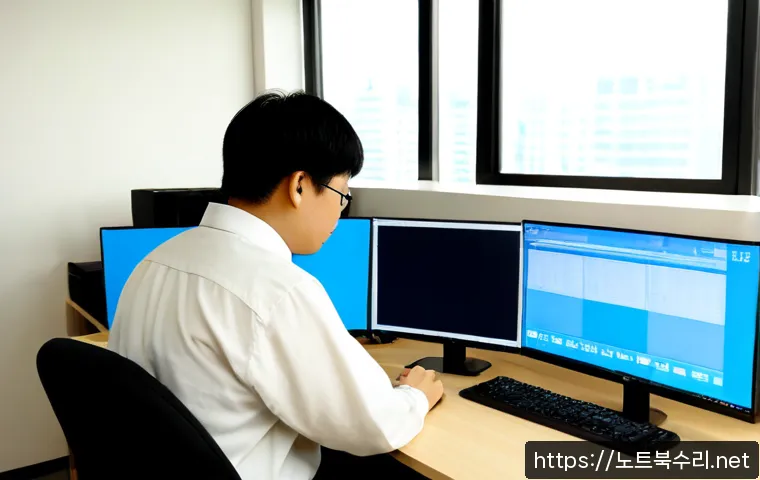 일산 STATUS_INVALID_DISPOSITION - Photorealistic remote-support workstation in a modern Ilsan apartment office, dual monitors showing ...