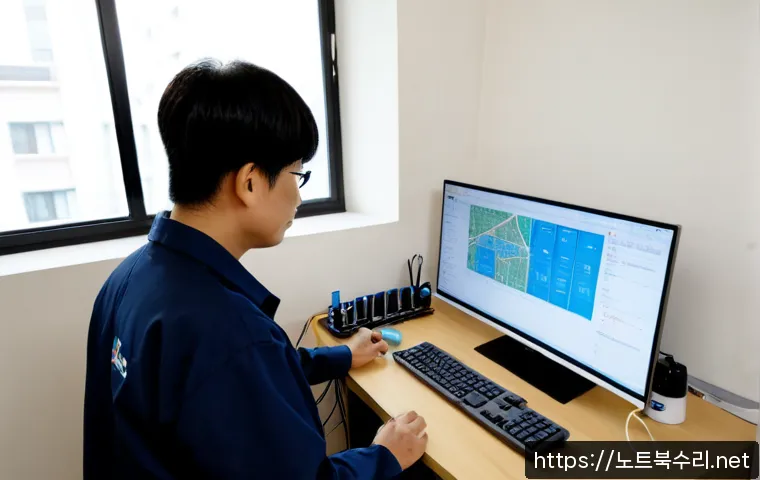 교북동 컴퓨터 desktop 출장방문수리점 - Photorealistic desktop computer repair visit inside a compact Gyobuk-dong apartment office, technici...