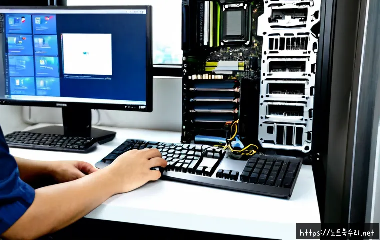 양산동 컴퓨터업그레이드 - Photorealistic desktop computer upgrade bench in a bright neighborhood repair studio, technician ins...