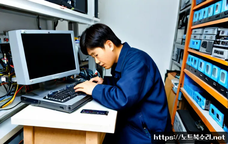 장수동 HDD조립 및 교체수리 - Photorealistic computer repair bench in a compact Jangsu-dong neighborhood workshop, technician care...