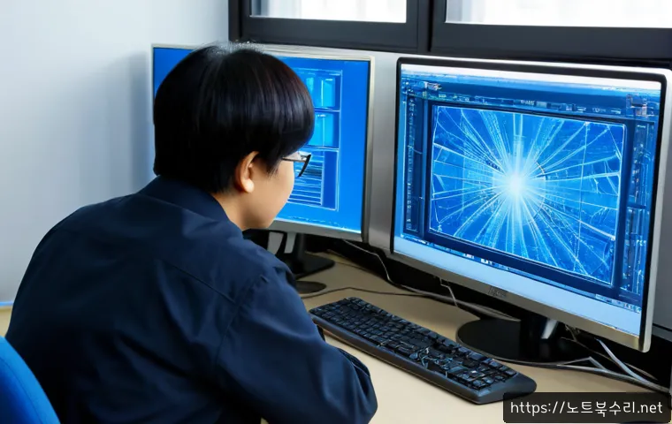 목상동 STATUS_KERNEL_HANDLE_INVALID - Photorealistic IT support workstation in a quiet Mok-sang-dong office, dual monitors showing an abst...
