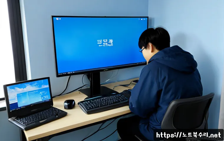 재궁동 DRIVER_POWER_STATE_FAILURE - Photorealistic IT support workstation in Jaegung-dong, a desktop monitor frozen on a plain blue cras...
