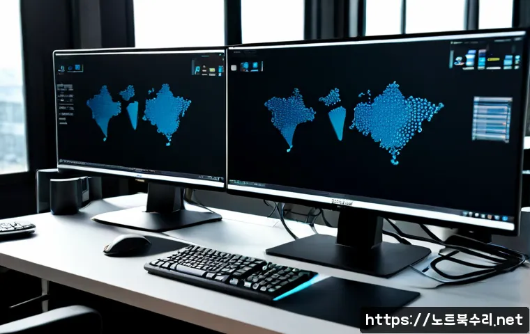 마포구 STATUS_SYSTEM_PROCESS_TERMINATED - Photorealistic IT support workstation in a modern Mapo creative studio, dual monitors showing a blan...