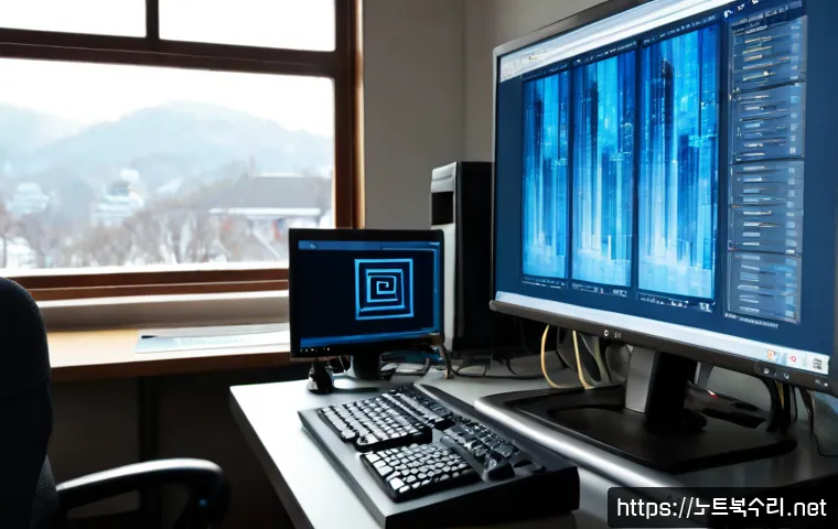 공평동 STATUS_KERNEL_MODE_EXCEPTION - Photorealistic IT support workstation in a compact historic downtown office, dual monitors showing a...