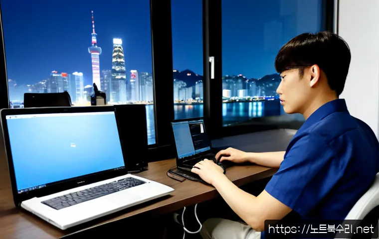 지곡동 부트캠프설치 - Photorealistic IT support workstation in a modern Jigok-dong apartment study, technician configuring...