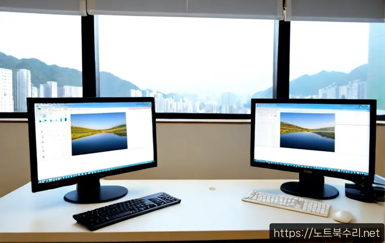 장안구 STATUS_FLOAT_OVERFLOW - Photorealistic software support workstation in a Jang-an district apartment office, dual monitors sh...