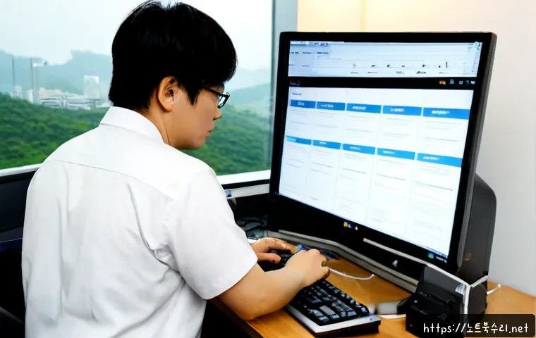 신도림 POOL_CORRUPTION_IN_FILE_AREA - Photorealistic IT support workstation in a modern Shindorim office tower, technician examining a des...