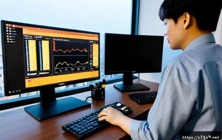 화양동 DRIVER_IRQL_NOT_LESS_OR_EQUAL - Photorealistic IT support workstation in a compact Hwayang-dong apartment office, dual monitors show...