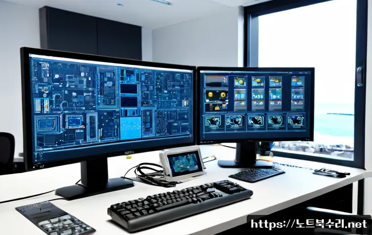 포승읍 VIDEO_MEMORY_MANAGEMENT_INTERNAL - Photorealistic remote-support workstation in a modern office near a coastal industrial district, dua...