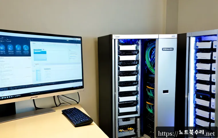 인천시 해놀로지 xpenology 구축 - Photorealistic IT workstation in a modern Incheon apartment office, compact server cabinet with mult...
