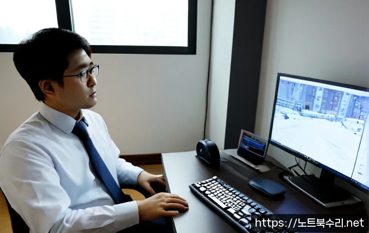 원곡동 STATUS_SYSTEM_PROCESS_TERMINATED - Photorealistic remote-support workstation in Wongok-dong, a frustrated office technician facing a du...