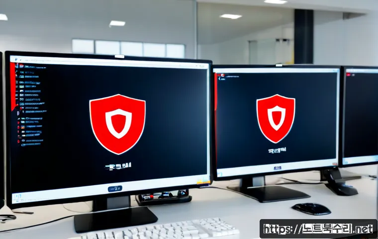 원신동 STATUS_SECURITY_POLICY_VIOLATION - Photorealistic IT support workstation in a modern Seoul-adjacent office, dual monitors showing abstr...