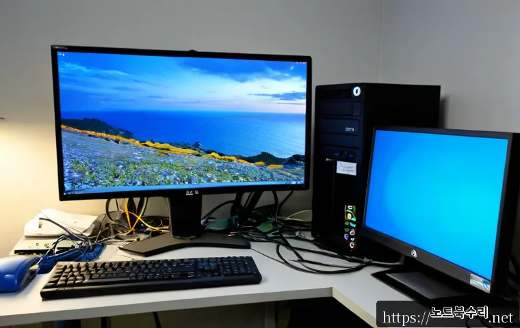 호동 pc에 문제가 발생하여 다시 시작해야 합니다 - Photorealistic PC repair workstation in Hodong, desktop tower open beside dual monitors showing a bl...