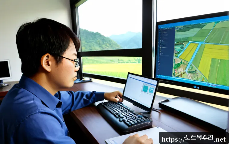 죽산면 STATUS_KERNEL_THREAD_INTERRUPTED - Photorealistic rural engineering office in Juksan-myeon, a technician at a dual-monitor workstation ...