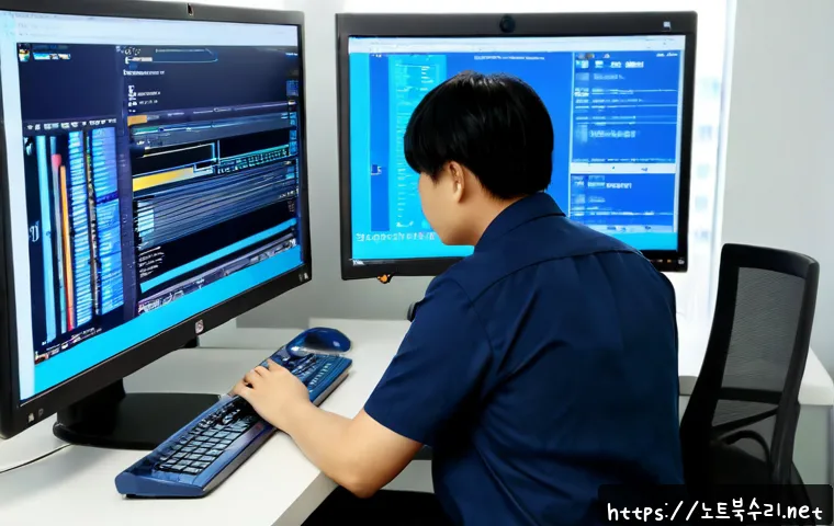 삼숭동 STATUS_KERNEL_RESOURCE_ERROR - Photorealistic IT support workstation in a modern high-rise office near Samseong-dong, dual monitors...
