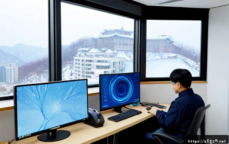 교북동 WIN32K_LOCK_HELD_TOO_LONG - Photorealistic IT support workstation in a compact Geobuk-dong office, dual monitors showing a froze...