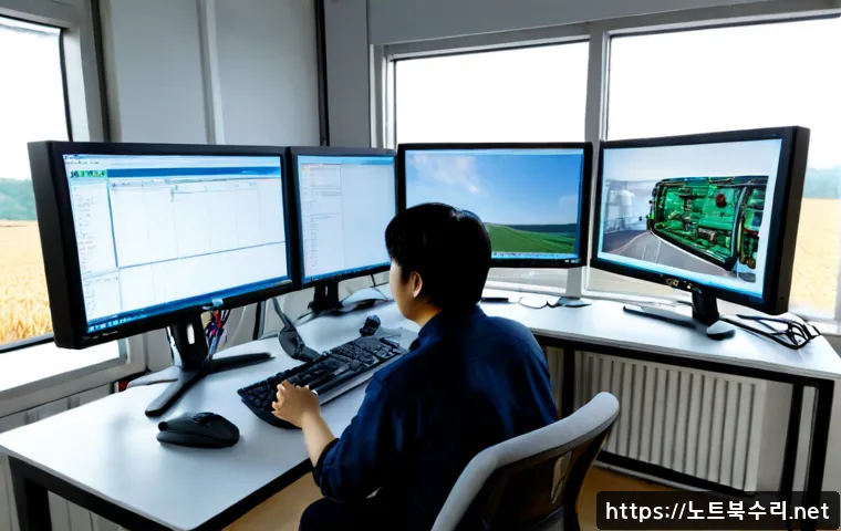 정남면 STATUS_ACCESS_VIOLATION - Photorealistic remote-support workstation in a compact engineering office near a quiet agricultural-...