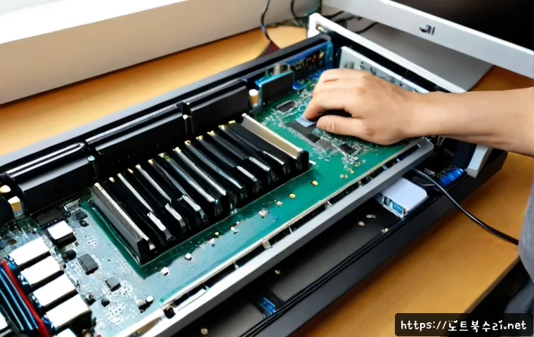 오남읍 RAM조립 및 교체수리 - Photorealistic computer repair workstation in a quiet Onameup apartment, technician carefully instal...