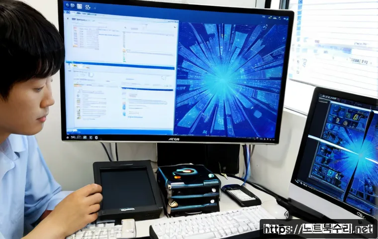 대천동 UNEXPECTED_KERNEL_MODE_TRAP - Photorealistic IT support workstation in Daecheon-dong, Busan, dual monitors showing a frozen abstra...