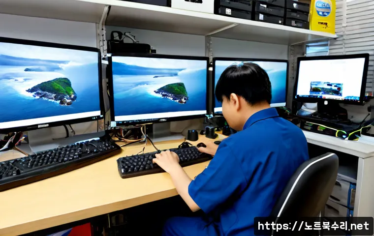 풍도동 HDD조립 및 교체수리 - Photorealistic computer repair workstation in a compact coastal neighborhood service shop, technicia...