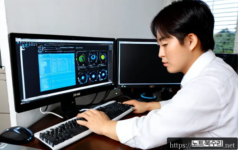 초일동 컴퓨터 desktop 출장방문수리점 - Photorealistic desktop computer repair technician servicing an open tower PC at a compact home-offic...