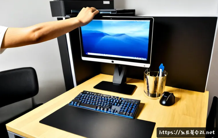 탑동 오버클럭 뚜따 - Photorealistic high-end desktop workstation in a compact Topdong apartment office, technician carefu...
