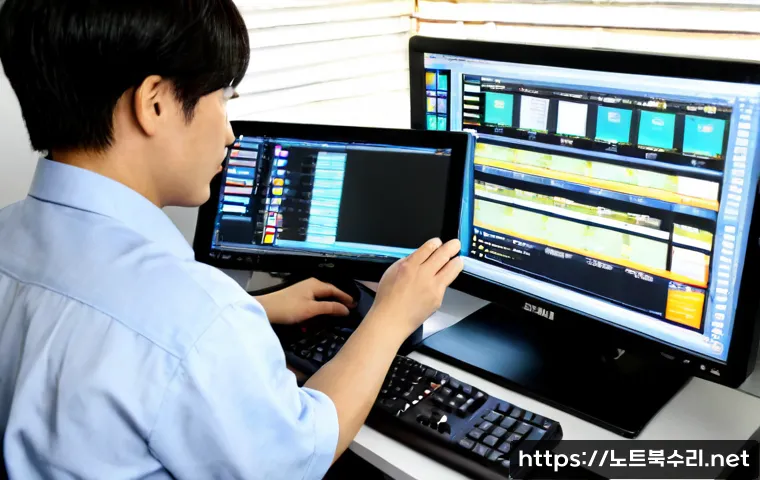 대신동 FAT_FILE_SYSTEM - Photorealistic IT support workstation in a compact Daesin-dong office, dual monitors showing a clean...