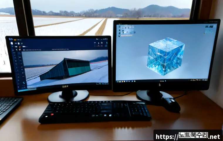 송해면 WATCHDOG_VIOLATION - Photorealistic remote-support workstation in a quiet rural Korean home office, dual monitors showing...