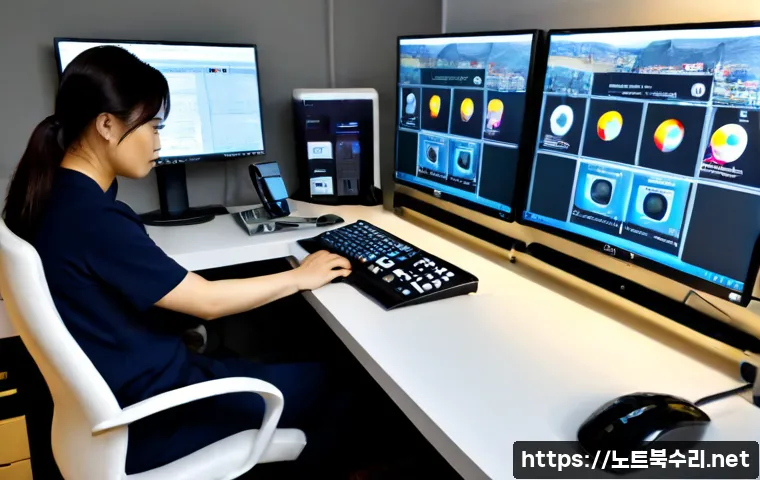 회현동 STATUS_KERNEL_UNSUPPORTED_DEVICE - Photorealistic remote-support workstation in a compact hillside office, technician examining a sleek...