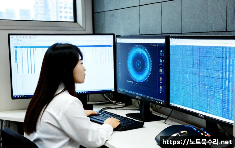 경동 STATUS_KERNEL_DATA_CORRUPTION - Photorealistic IT support workstation in a compact modern office near Gyeongdong Market, dual monito...