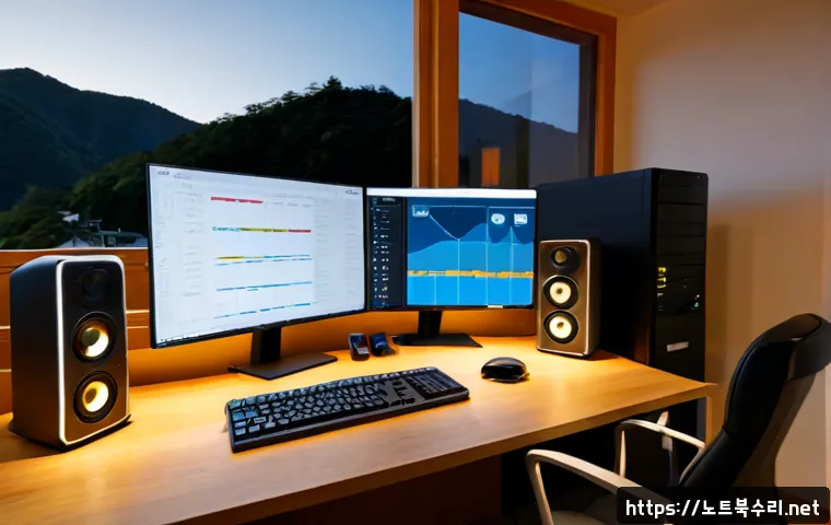 회암동 해놀로지 xpenology 구축 - Photorealistic compact home office in a quiet hillside neighborhood, custom NAS tower with multiple ...