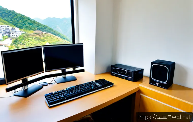 청학동 SESSION_HAS_NO_PAGEFILE - Photorealistic remote-support workstation in a quiet Cheonghak-dong apartment, dual monitors showing...
