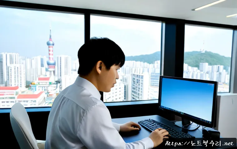 강남구 운영체제 os 재설치 포맷 초기화 - Photorealistic IT support workstation in a sleek Gangnam office tower, technician reinstalling an op...