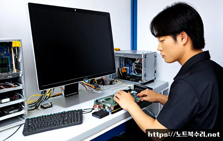 이동 아이맥 판매 및 수리 - Photorealistic mobile computer repair technician servicing a sleek silver all-in-one desktop at a co...