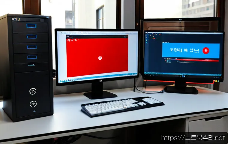 관훈동 STATUS_DISK_FULL - Photorealistic IT support workstation in a compact creative office near a traditional Korean gallery...