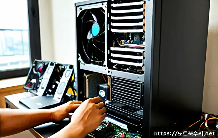 당왕동 쿨러조립 및 교체수리 - Photorealistic desktop PC repair bench in a compact Dangwang-dong apartment workspace, technician in...