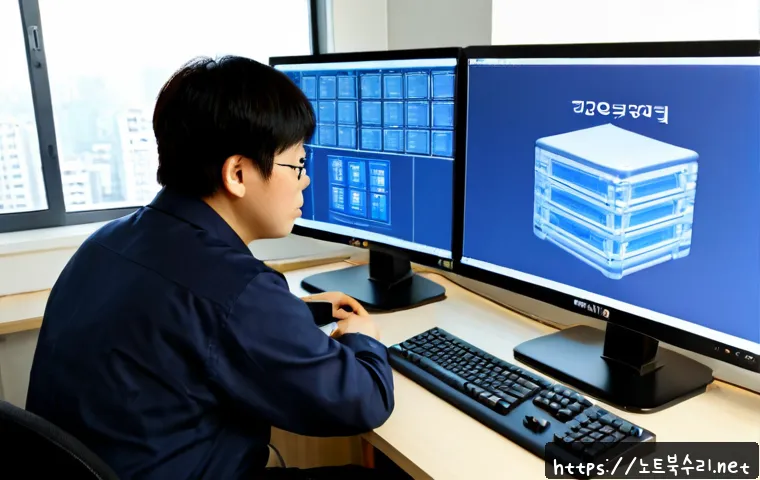 마북동 STATUS_STACK_UNDERFLOW - Photorealistic IT support workstation in a quiet Mabuk-dong office, dual monitors showing a clean 3D...