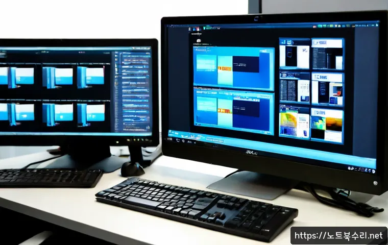 재궁동 POOL_CORRUPTION_IN_FILE_AREA - Photorealistic IT support workstation in a compact Jaeung-dong office, dual monitors showing an abst...