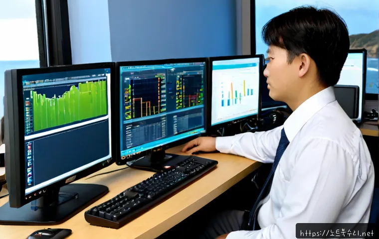 서도면 SESSION_HAS_NO_PAGEFILE - Photorealistic remote IT support workstation in a quiet coastal township office, dual monitors showi...