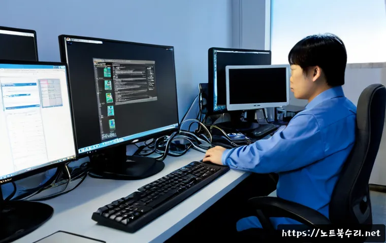 금천구 부팅불가 - Photorealistic IT support workstation in a compact Geumcheon industrial office, desktop computer fro...