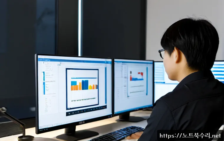 원미구 STATUS_KERNEL_MEMORY_LEAK - Photorealistic remote IT support workstation in a modern Wonmi-gu office, dual monitors showing abst...