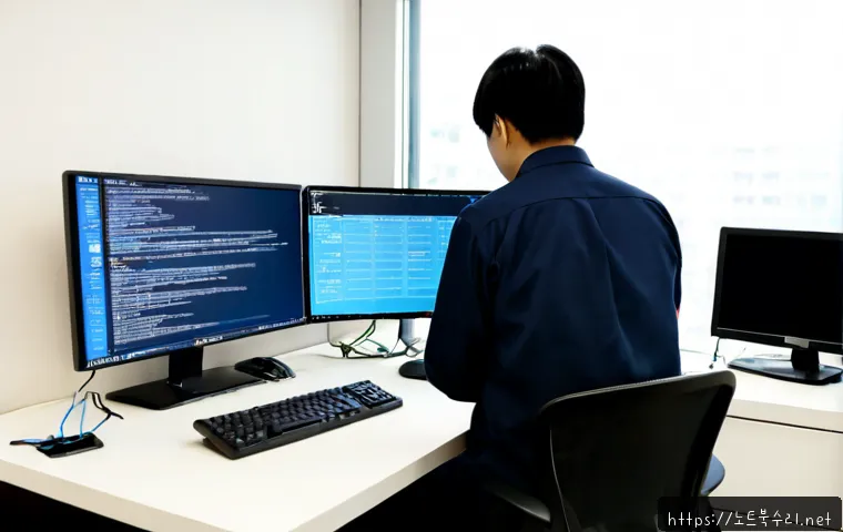서계동 UNEXPECTED_KERNEL_MODE_TRAP - Photorealistic IT support workstation in a compact Seogye-dong office, dual monitors showing a text-...