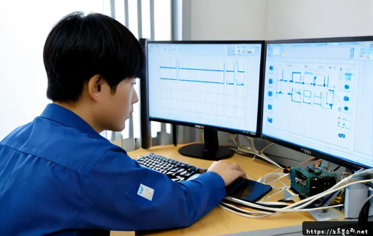 거모동 STATUS_KERNEL_EXECUTION_ERROR - Photorealistic Korean IT support workstation in a compact Geomodan office, dual monitors showing abs...