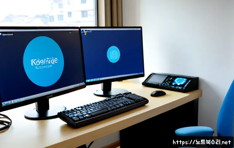 덕계동 STATUS_KERNEL_SECURITY_CHECK - Photorealistic IT support workstation in a compact Korean apartment office, dual monitors showing ab...