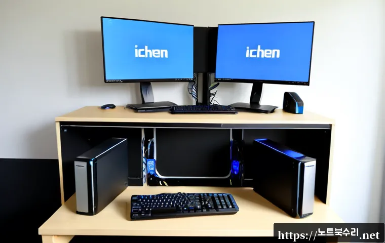 관고동 VIDEO_MEMORY_MANAGEMENT_INTERNAL - Photorealistic remote-support workstation in a compact Icheon office, dual monitors with one display...