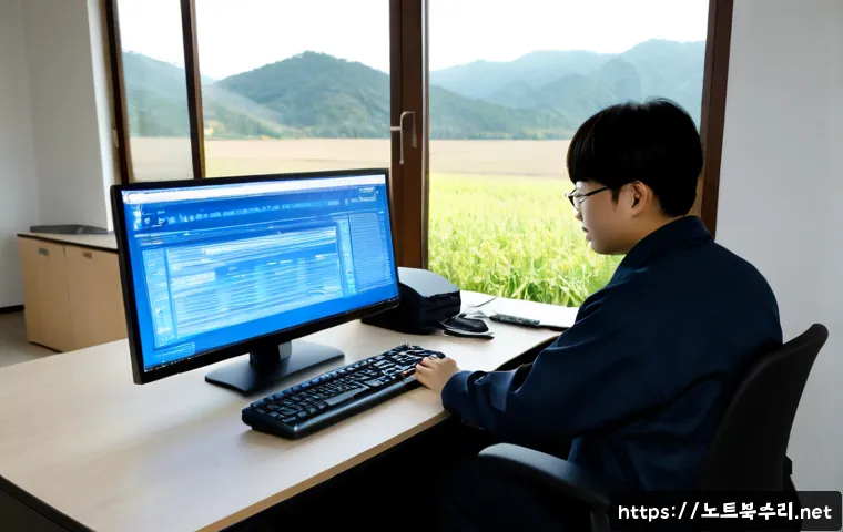 신북면 STATUS_CONTROL_C_EXIT - Photorealistic remote-support workstation in a quiet Korean rural office, technician using a dual-mo...