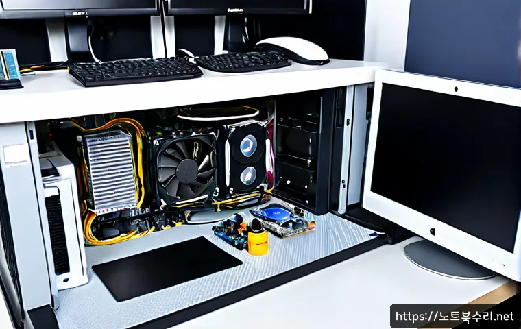 고촌읍 쿨러조립 및 교체수리 - Photorealistic remote-support repair workstation in Gochon-eup, technician installing a quiet CPU ai...