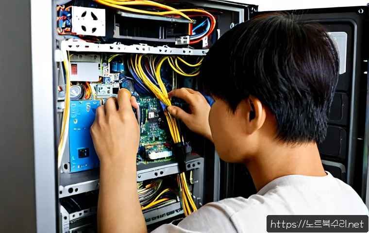비산동 파워조립 및 교체수리 - Photorealistic computer repair workstation in Bisandong, Daegu, technician carefully replacing a des...
